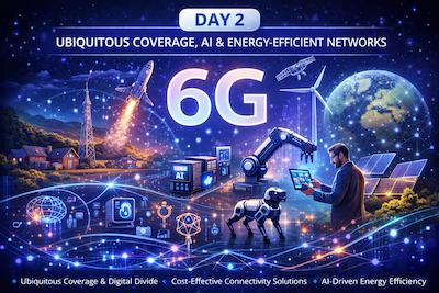 Futuristic illustration showing Day 2 of 6G learning with themes of ubiquitous coverage, AI-driven energy-efficient networks, digital inclusion, and intelligent wireless connectivity across urban and remote areas