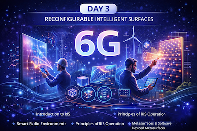 Day 3 learning on Reconfigurable Intelligent Surfaces showing smart radio environments, metasurfaces, and programmable wireless channels for 6G networks