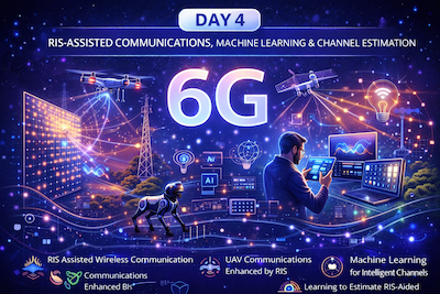Day 4 6G learning illustration showing RIS assisted wireless communication, AI driven channel estimation, UAV connectivity, and smart radio environments in future networks