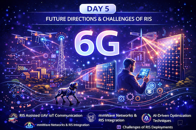 Day 5 6G learning illustration showing RIS assisted UAV IoT communication, mmWave connectivity, AI driven optimization, and intelligent wireless environments