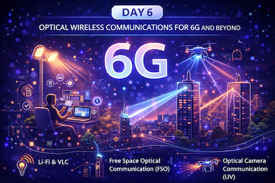 Illustration showing optical wireless communication for 6G, including Li-Fi indoor lighting, free space optical links between buildings, ultraviolet communication outdoors, and light-based data transmission supporting future wireless networks