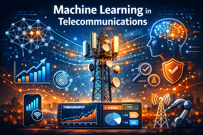 “Machine learning in telecommunications showing AI optimizing mobile network performance, throughput, and radio resources.”