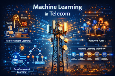 Machine learning workflow in telecom featuring reinforcement learning, decision trees, random forest, and AI-driven network optimization.