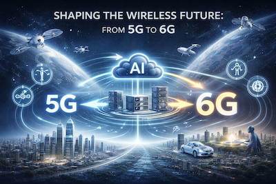 Professional illustration representing the evolution from 5G to 6G, showing AI-enabled core networks, synchronized devices, and integrated terrestrial, aerial, and satellite communication layers shaping the future of wireless connectivity.