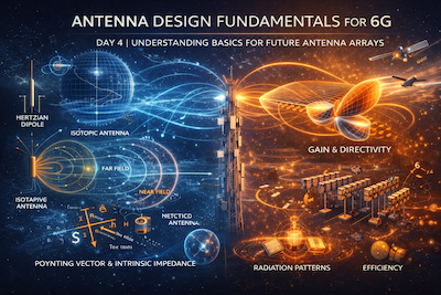 Illustration showing antenna radiation patterns, electromagnetic fields, and antenna arrays used in 6G wireless communication systems, highlighting gain, directivity, and efficiency concepts.