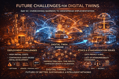 Futuristic digital illustration showing a glowing holographic digital twin model connected to real-world infrastructure systems, surrounded by data streams, security shields, and interoperability icons representing challenges such as cost, cybersecurity, and standardization in digital twin deployment.