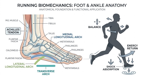 Illustration of foot and ankle anatomy with arches and Achilles tendon highlighted alongside a runner silhouette showing their role in shock absorption and running mechanics.