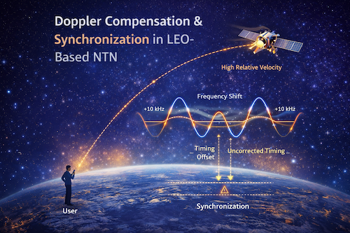 Technical illustration of a LEO satellite communicating with a ground user while frequency shift waves and timing alignment markers are displayed, representing Doppler compensation and synchronization mechanisms in 5G Non Terrestrial Networks.