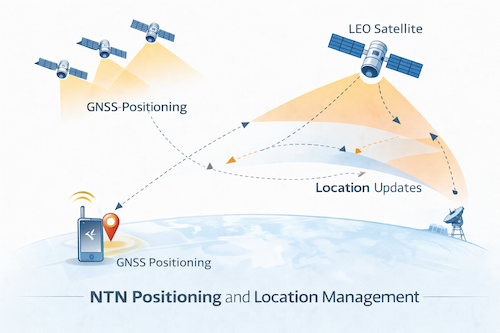 ntn positioning Illustration showing NTN positioning with GNSS satellites, UE location estimation, moving satellite beams, and location tracking across coverage areas