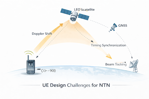 Illustration showing NTN UE interacting with satellite, highlighting Doppler shift, timing synchronization, GNSS assistance, and beam tracking challenges