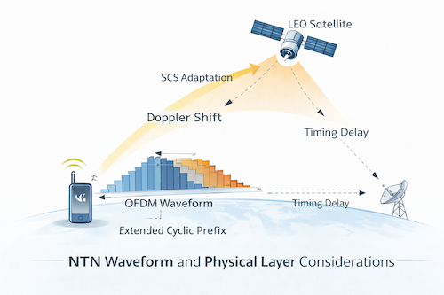Illustration showing NTN waveform challenges including Doppler shift, adaptive numerology, extended cyclic prefix, and satellite based OFDM transmission