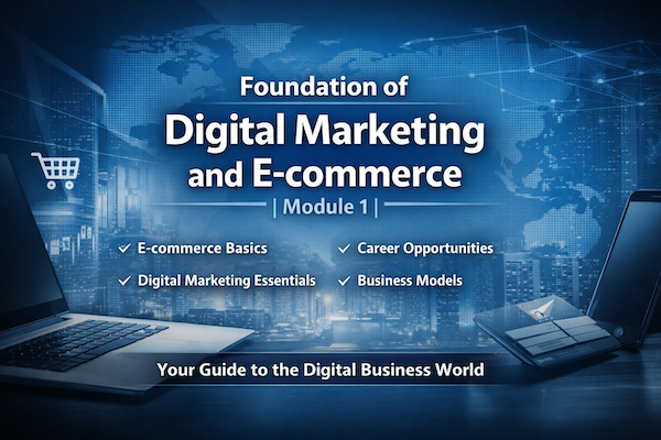 Foundation of Digital Marketing and E-commerce Module 1 featured image showing digital business concept with laptop, smartphone, global network map, and key topics like e-commerce basics and digital marketing essentials.