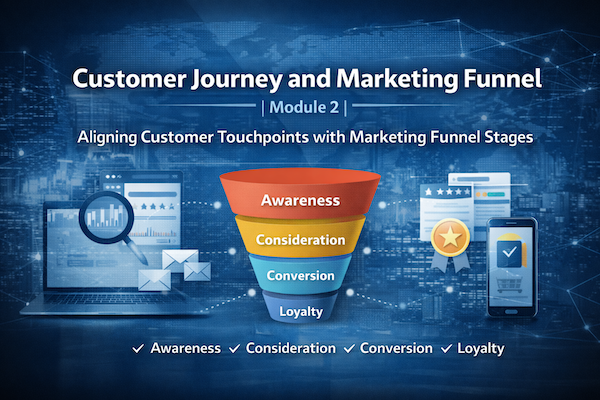Customer journey and marketing funnel concept showing stages from awareness to loyalty with digital marketing elements, analytics, and user engagement touchpoints.