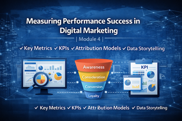 Measuring performance success in digital marketing showing analytics dashboard, KPIs, marketing funnel stages, and data driven decision making elements.
