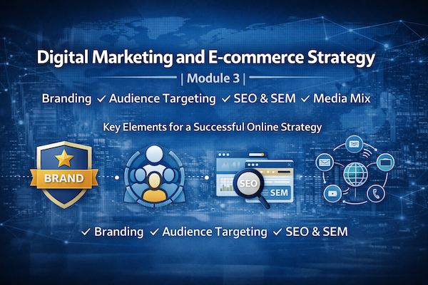 Digital marketing and e-commerce strategy concept showing branding, audience targeting, SEO, SEM, media mix, and multi channel marketing elements.