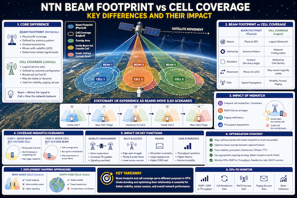 Diagram showing difference between satellite beam footprint and logical cell coverage with overlapping regions and moving beams over Earth