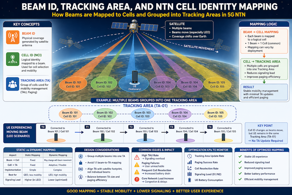 Diagram showing satellite beams mapped to multiple cells and grouped into tracking areas with moving beam coverage over a stationary user