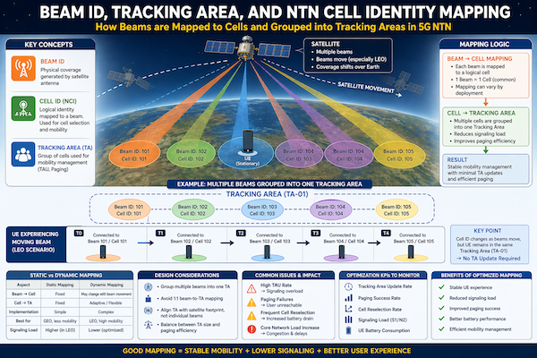 Diagram showing satellite beams mapped to multiple cells and grouped into tracking areas with moving beam coverage over a stationary user