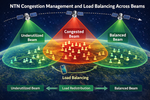 Diagram showing multiple satellite beams with uneven user distribution, highlighting congested and underutilized beams and load balancing arrows between them.