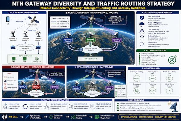 Diagram showing multiple NTN gateways with traffic routing paths from satellite to core network and dynamic rerouting during gateway failure