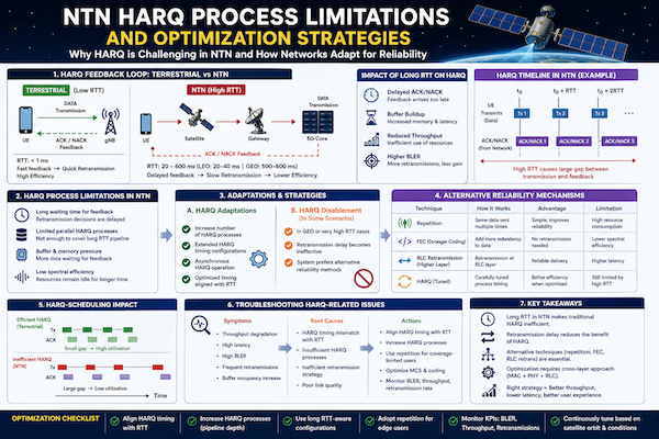 Diagram showing HARQ feedback loop delay in NTN compared to terrestrial networks with extended RTT and retransmission inefficiency
