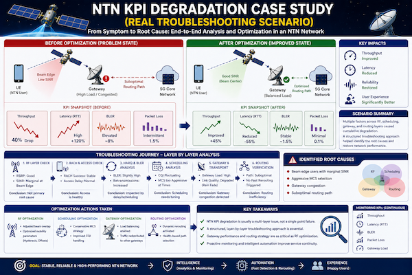 Diagram showing NTN KPI degradation scenario with UE to satellite to gateway path highlighting congestion, latency increase, and throughput drop