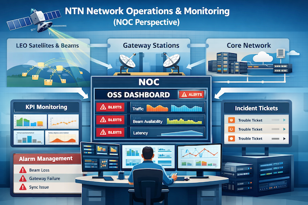 Diagram showing NTN NOC architecture with satellite, gateway, OSS dashboard, KPI monitoring system, and alarm flow between network components.