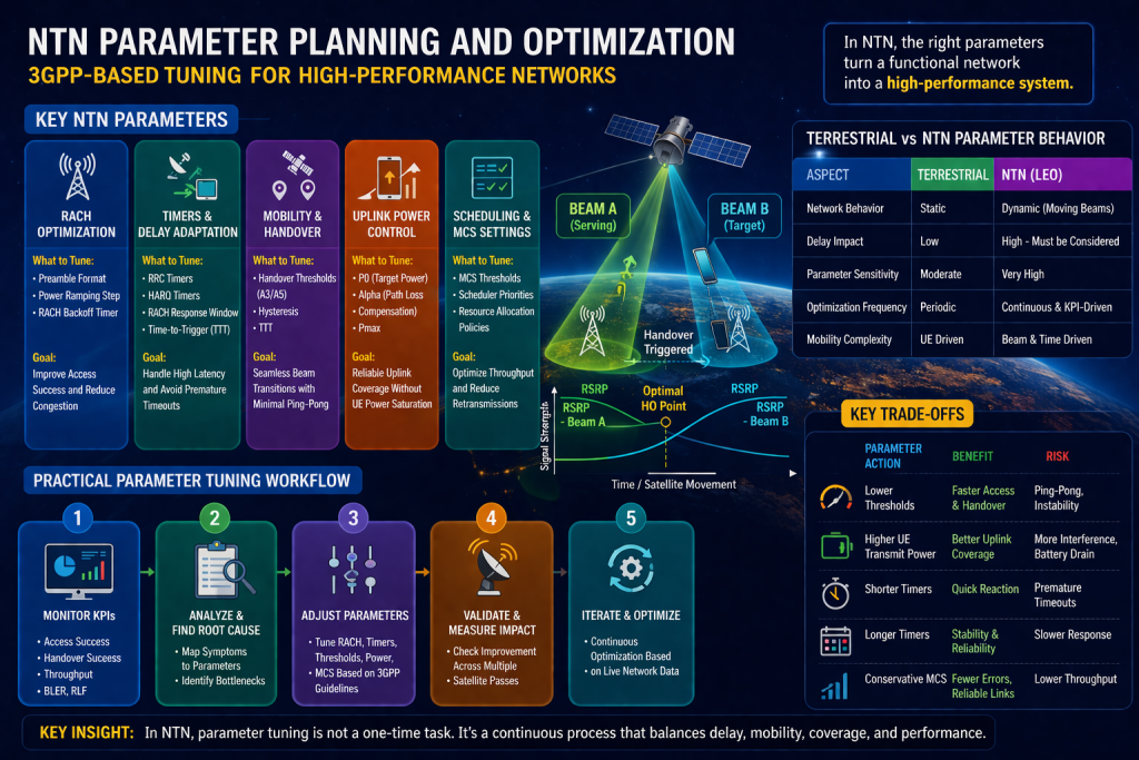 Diagram showing different NTN parameter categories such as RACH, mobility, power control, and scheduling, with their impact on network performance.