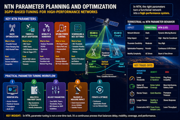 Diagram showing different NTN parameter categories such as RACH, mobility, power control, and scheduling, with their impact on network performance.