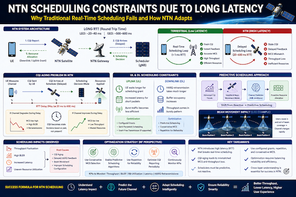 Diagram showing scheduling delay in NTN with outdated CQI feedback and predictive scheduling compared to real time terrestrial scheduling