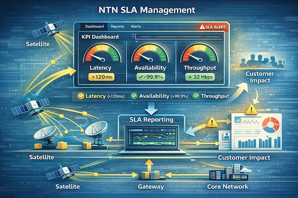 Diagram showing NTN SLA management with KPI monitoring dashboards, SLA thresholds, reporting system, and customer impact analysis across satellite, gateway, and core network.