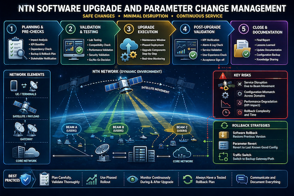 Diagram showing NTN upgrade workflow including planning, execution, monitoring, and rollback with satellite, gateway, and beam movement considerations.