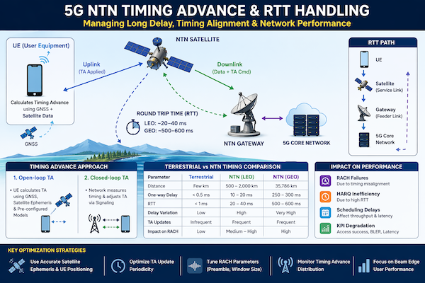 Technical diagram showing timing advance adjustment between UE and satellite with round trip delay paths and dynamic delay variation