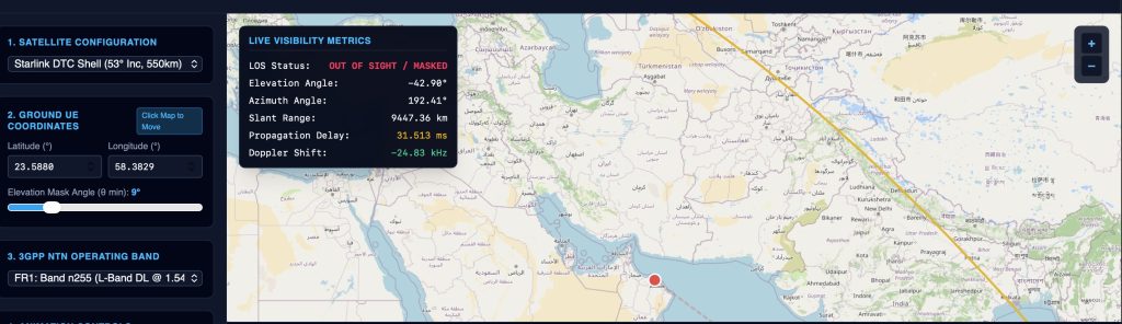 Map view of LEO satellite orbit propagation over a ground station terminal in the NTN Link Budget Emulator.
