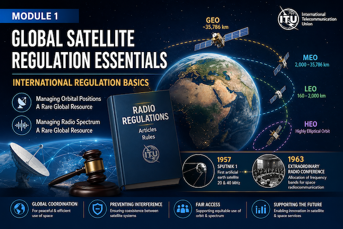 Illustration of Earth surrounded by GEO and non geostationary satellites with radio spectrum coordination and ITU regulatory concepts.