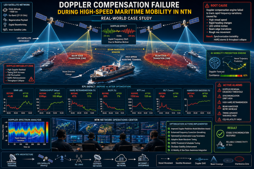 Professional infographic showing a Ka-band LEO NTN maritime mobility scenario with moving ships, Doppler shift instability visualization, synchronization drift indicators, beam handover failures, RTT spike charts, HARQ retransmission analytics, and NTN engineers monitoring maritime mobility dashboards in a satellite network operations center.