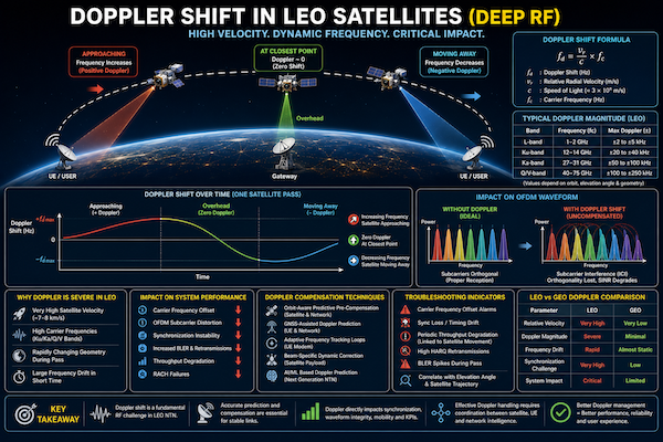 Technical diagram showing Doppler frequency shift during a LEO satellite pass with increasing and decreasing carrier frequency relative to the UE.