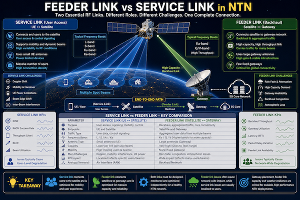 Technical diagram showing service link between UE and satellite and feeder link between satellite and gateway with separate RF characteristics.