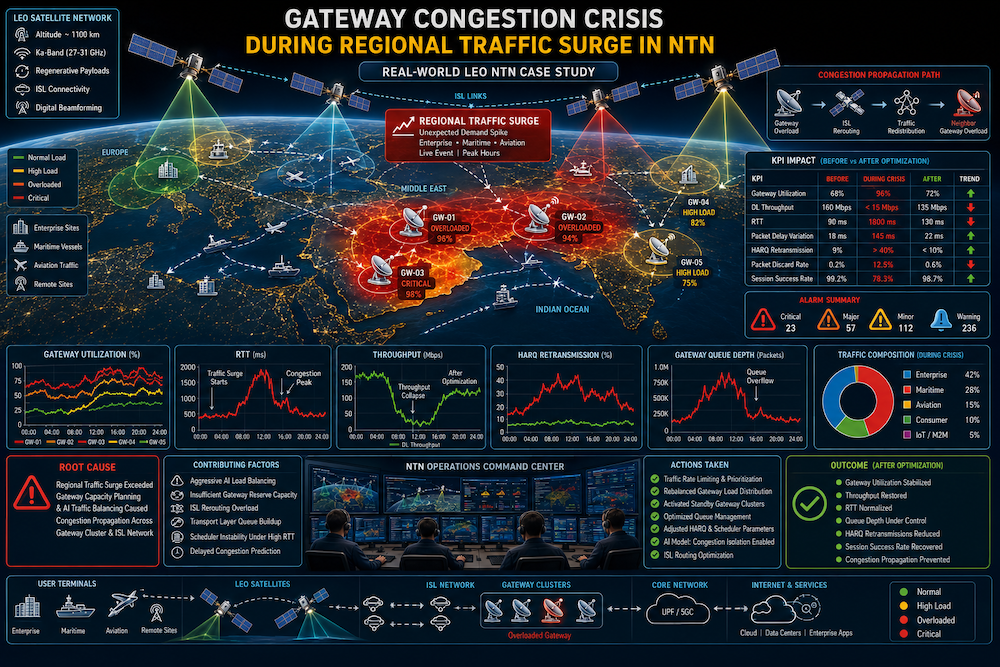Professional infographic showing a Ka-band LEO NTN network experiencing gateway congestion crisis during a regional traffic surge, including overloaded gateway clusters, ISL rerouting paths, throughput collapse graphs, RTT spike analytics, HARQ retransmission charts, beam congestion heatmaps, and NTN engineers monitoring OSS dashboards in a network operations center.