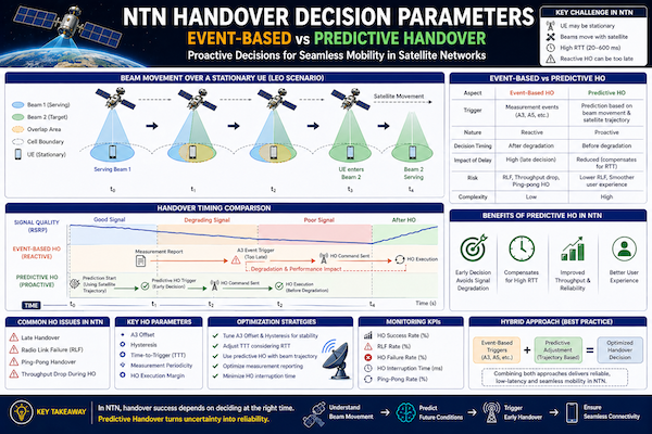 Diagram showing moving satellite beams causing handovers for a stationary user with comparison of event-based and predictive handover timing