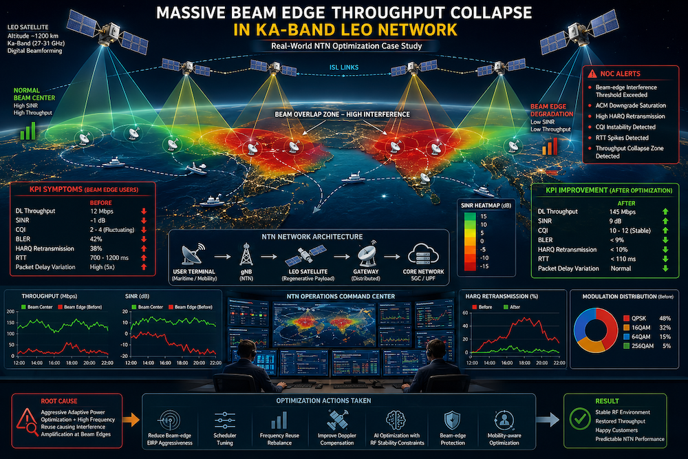 Professional infographic showing a Ka-band LEO satellite network with overlapping spot beams, severe beam-edge interference zones, SINR degradation heatmaps, throughput collapse indicators, gateway traffic analytics, and RF optimization dashboards monitored by NTN engineers in a network operations center.