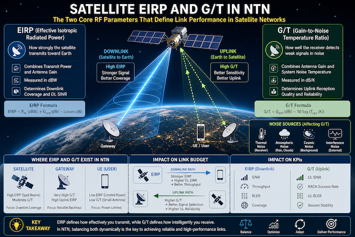 Technical diagram showing satellite beam EIRP transmission toward Earth and uplink signals received with G/T representation including noise sources.
