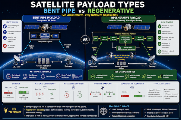 Comparison diagram showing bent pipe satellite relaying signals transparently versus regenerative satellite performing onboard signal processing and routing.