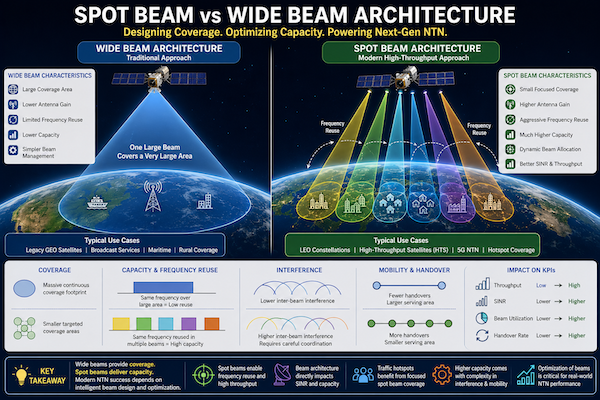 Comparison diagram showing wide beam satellite coverage versus multiple spot beams with frequency reuse and higher capacity in NTN.